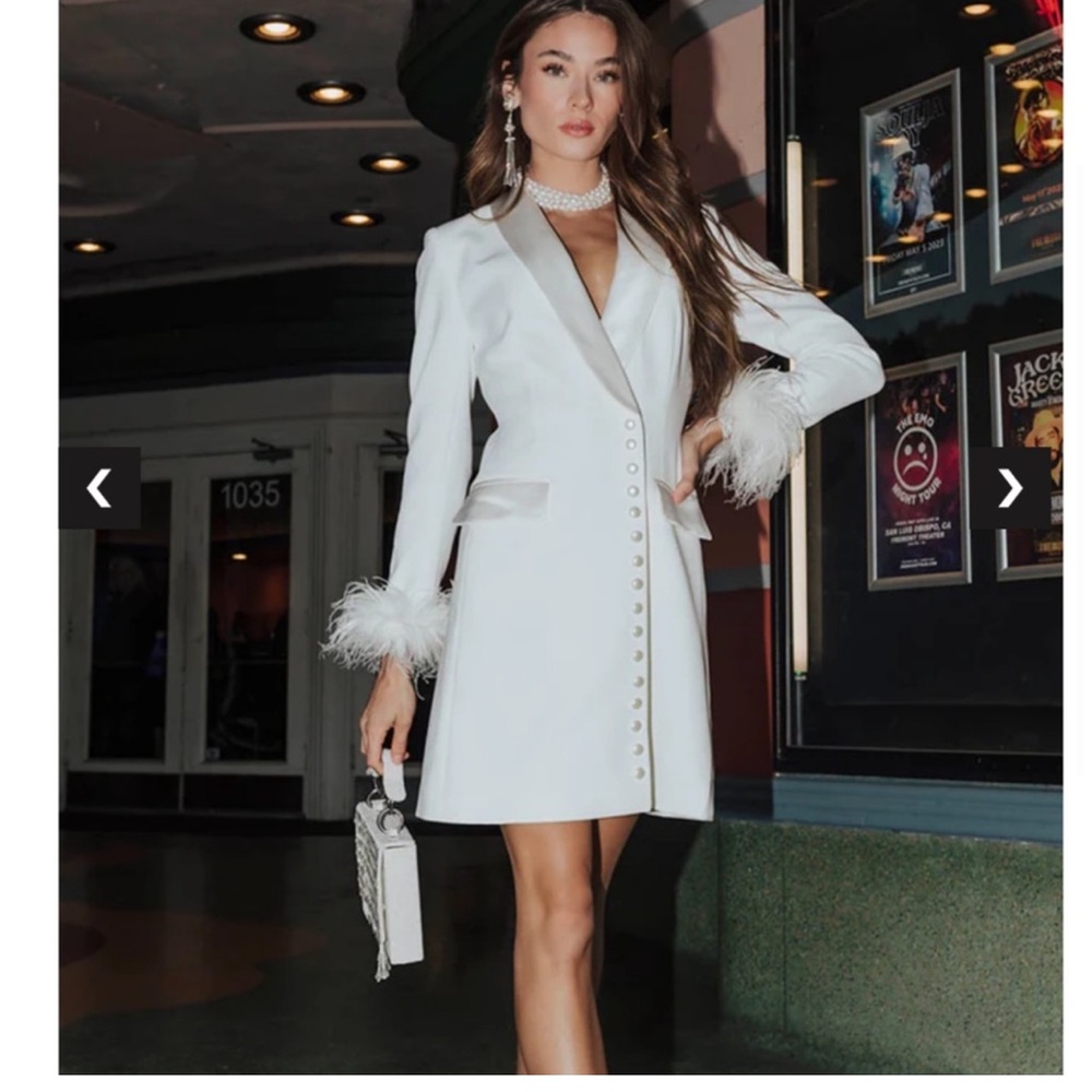Untamed Petals White Blazer Dress with Feather Cuffs